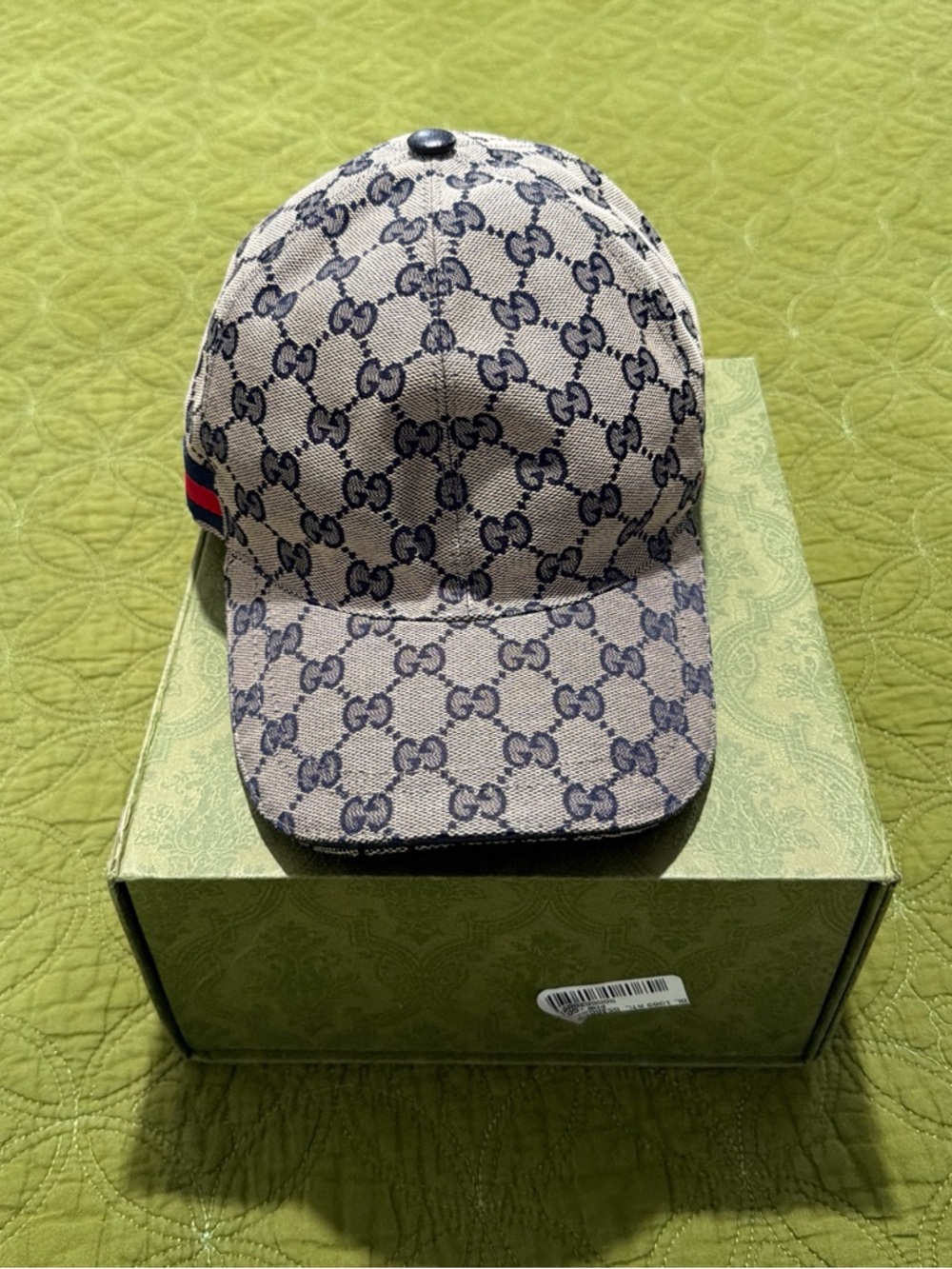 Gucci Beige and Navy GG Monogram Baseball Cap with Red/Navy Stripe